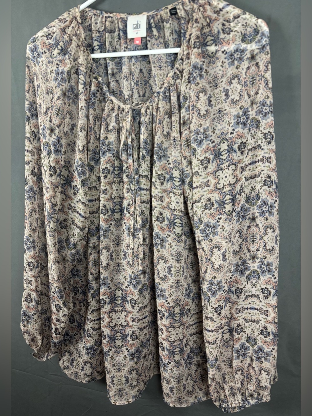 CAbi | Pink Blush Floral Pheasant Blouse | Lightweight Tie Neck | Sheer Boho |